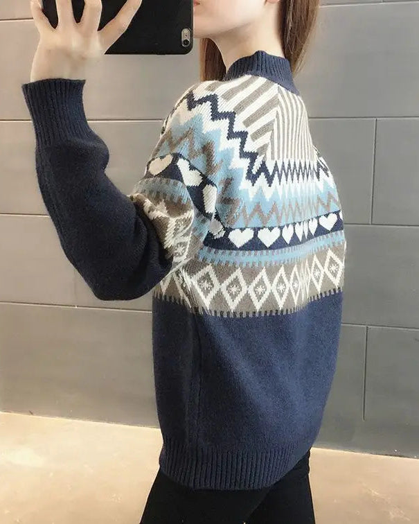 Ethnic Jacquard Mock Neck Loose Thick Knit Pullover