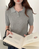 Polo Collar Button-Down Knit Top