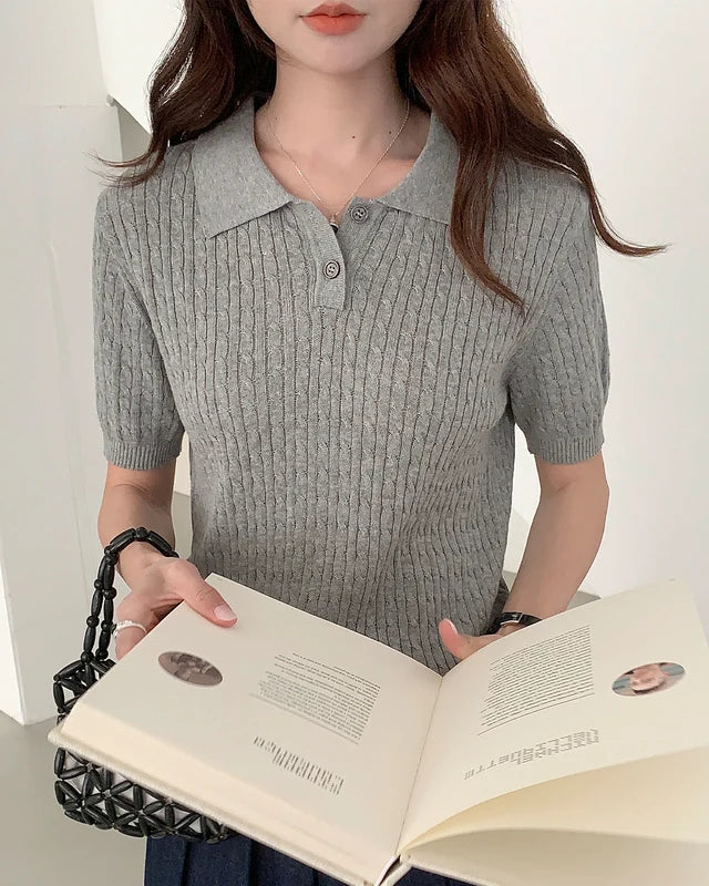 Polo Collar Button-Down Knit Top