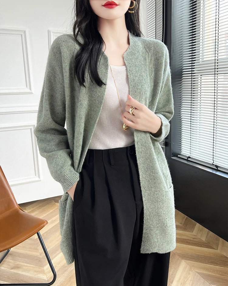 Merino Wool Dot Long Open-Front Cardigan