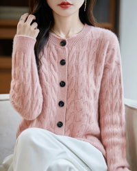 Wool O-Neck Twisted Single-Breasted Cardigan Sweater