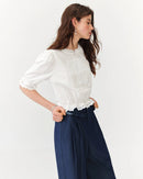 French Puff-Sleeve Cotton Cropped Blouse