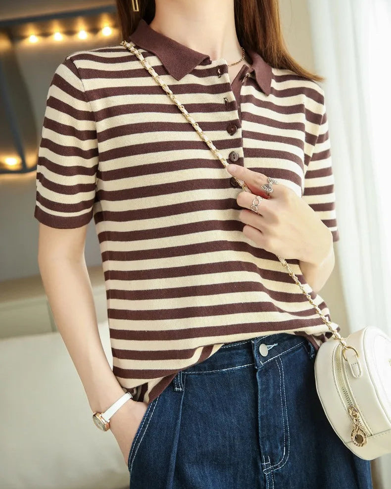 Cotton Striped Short-Sleeve Polo T-Shirt