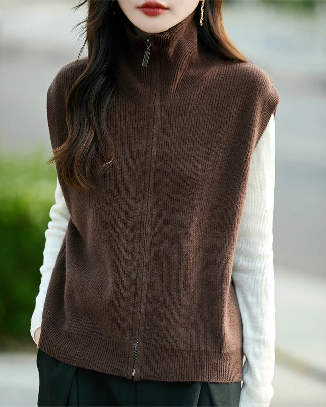 High-Neck Merino Wool Zip Vest
