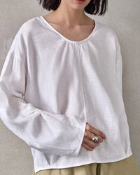 Fashionable Linen U-Neck Long-Sleeved Shirt