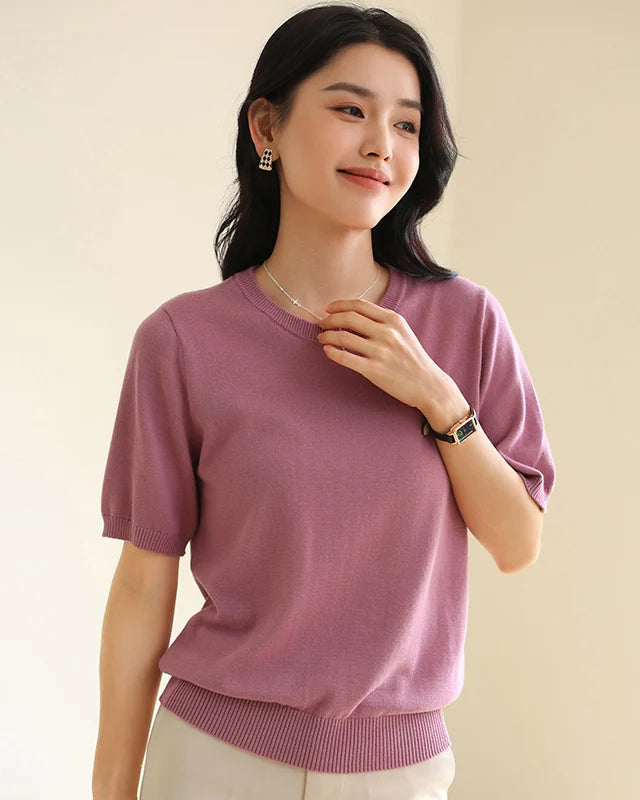 Cotton knit short sleeve top — a soft, breathable women's O-neck tee designed for effortless everyday wear.