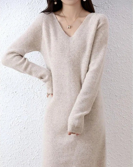 V-Neck Merino Wool Knitted Dress GentleHerd