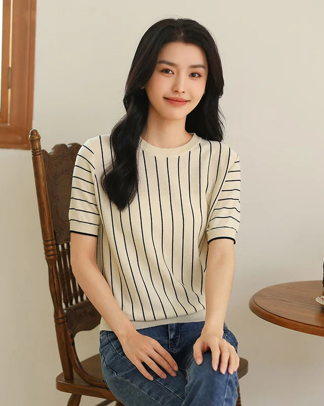 Pure Cotton Loose-Fit Vertical Striped T-Shirt
