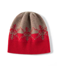 A wool and cashmere beanie with a snowflake jacquard pattern and ribbed brim, designed for a snug unisex fit that packs easily into a coat pocket.