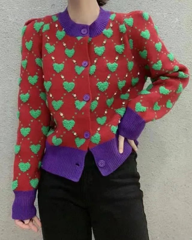 Ugly Sweater Heart Detail Knitted Short Cardigan