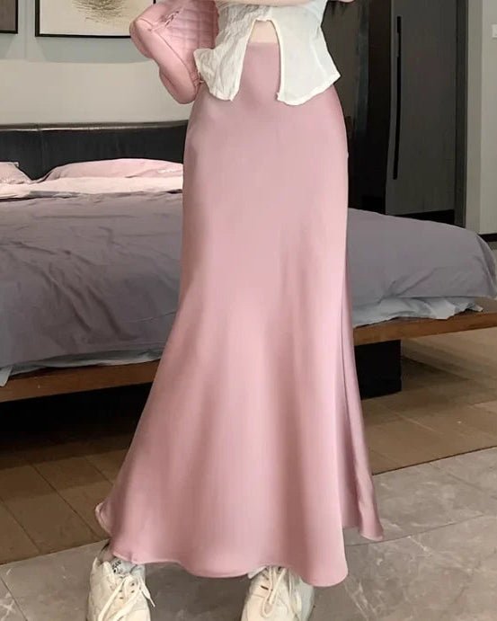 Satin High-Waist Midi Skirt
