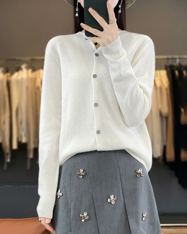 Merino Wool Round Neck Knit Cardigan