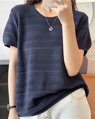 Cotton Solid Round Neck Short Sleeve Knit T-Shirt