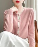 Merino Wool Solid O-Neck Button Knit Cardigan