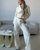 Zip-Up Cropped Knit Cardigan & Drawstring Wide-Leg Trousers Set