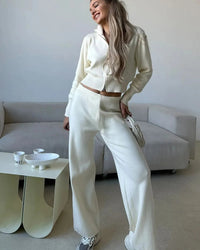 Zip-Up Cropped Knit Cardigan & Drawstring Wide-Leg Trousers Set