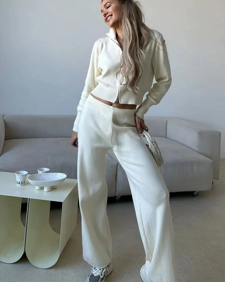 Zip-Up Cropped Knit Cardigan & Drawstring Wide-Leg Trousers Set