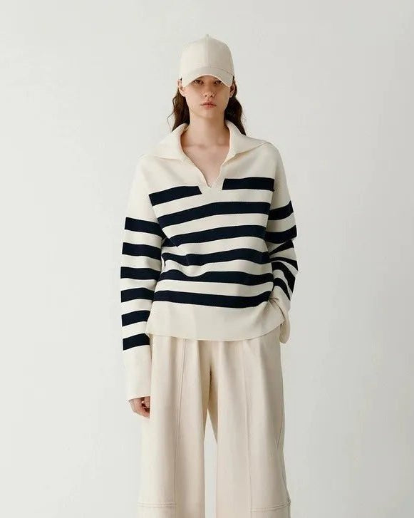 Made for thoughtful, versatile dressing, this sailor-collar sweater balances a graphic striped pattern with the natural character of wool.