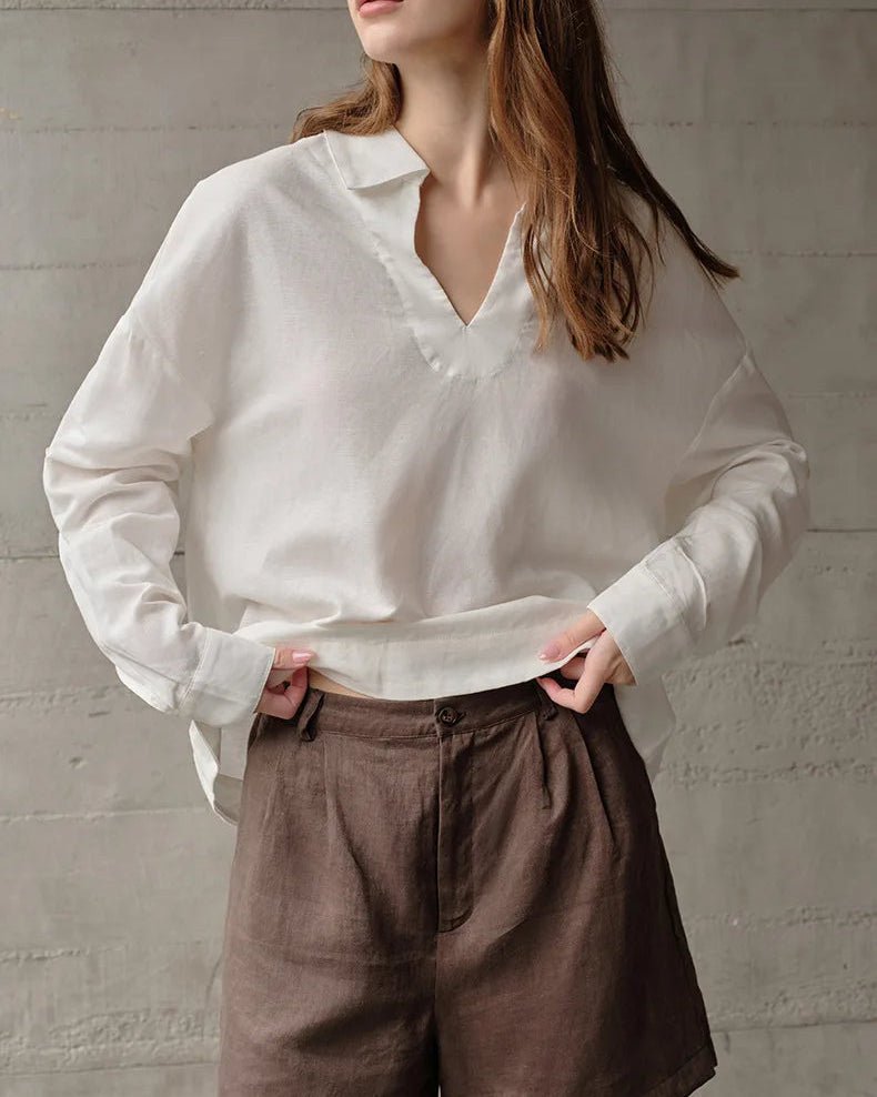 Retro Long-Sleeved V-Neck Casual Loose Shirt