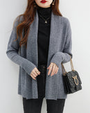 Merino Wool Solid Scarf Collar Loose Knit Cardigan