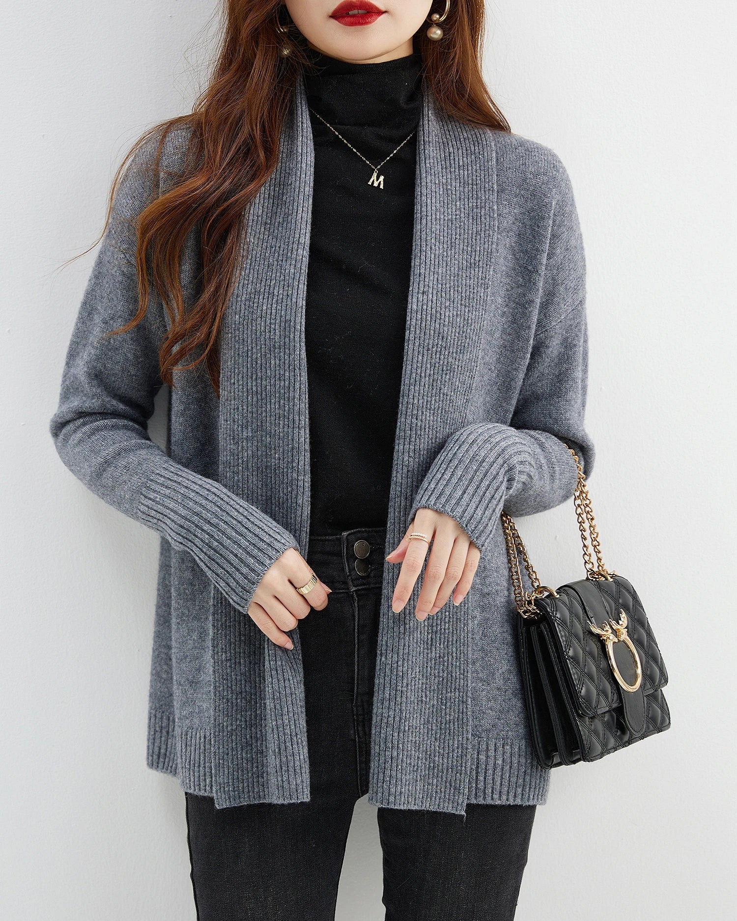 Merino Wool Solid Scarf Collar Loose Knit Cardigan