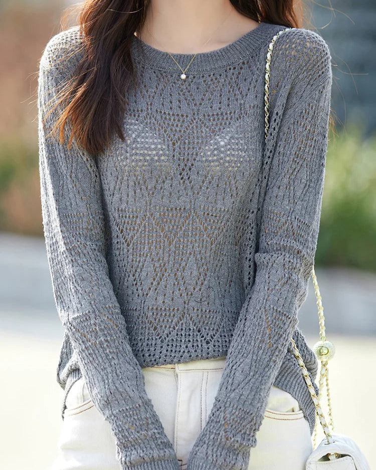 Hollow Knit Cotton Relaxed Pullover Top