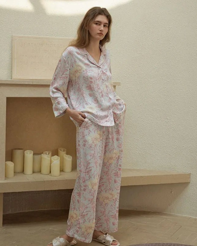 Rayon Satin Floral Print Lapel Pajamas