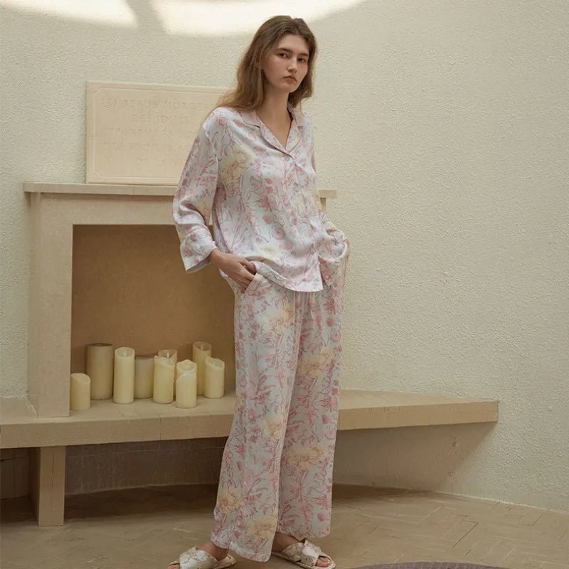 Rayon Satin Floral Print Lapel Pajamas