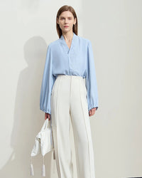 Chiffon Embroidered V-Neck Lantern Sleeve Blouse