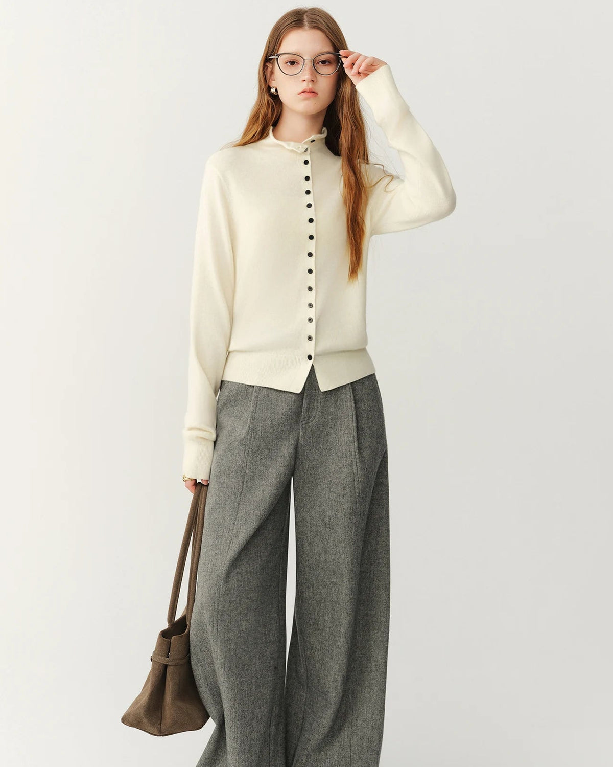 High-Neck Wool Button Cardigan