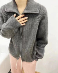 Collared Wool Zip-Up Cardigan Sweater