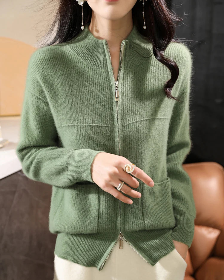 Merino Wool Mock Neck Zip Cardigan