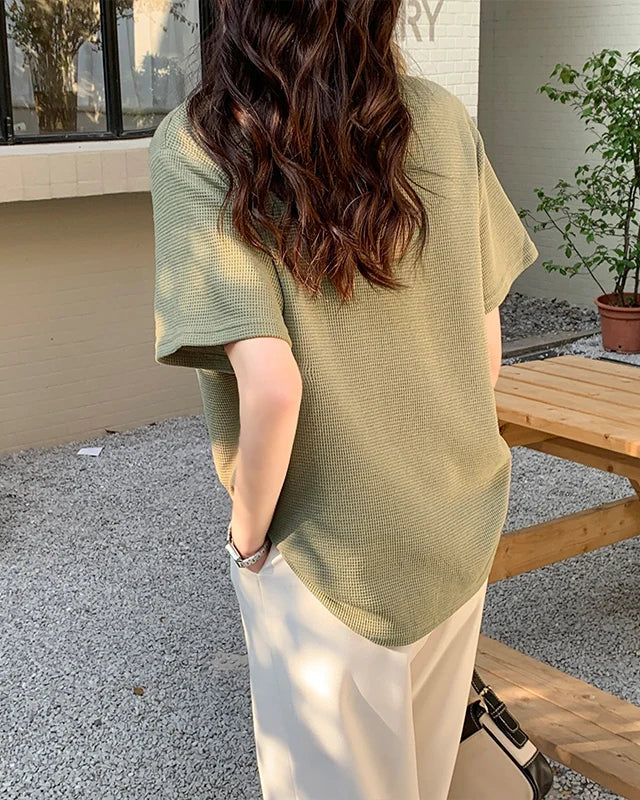 Casual Loose Waffle Knit Polo Top