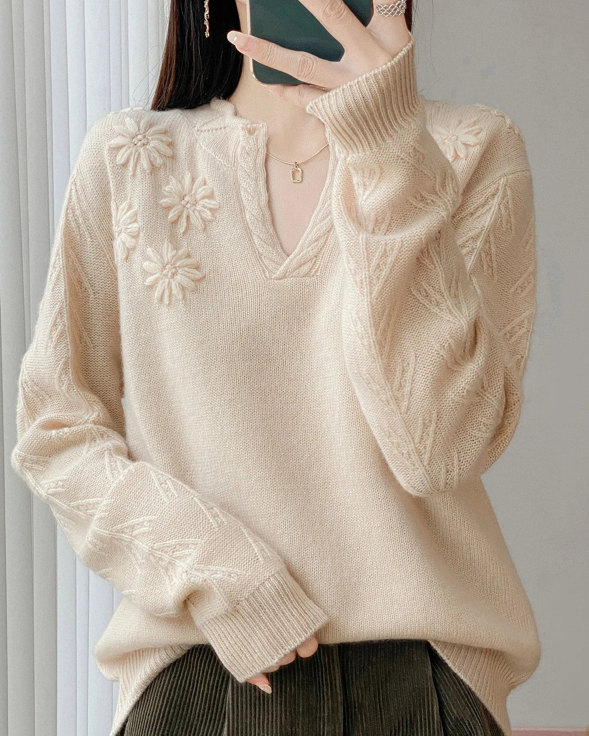 Floral-Embroidered Wool Sweater