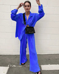 Turn-Down Collar Draped Shirt & High Waist Wide-Leg Trouser 2-Piece Set