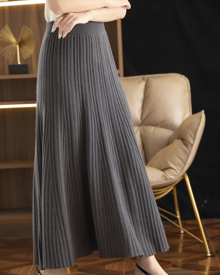 Elegant Pleated Wool A-Line Long Skirt
