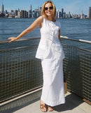 Sleeveless O-neck vest and high waist straight ankle-length skirt 2-piece set in cotton linen blend. Loose, casual office style for spring and summer.