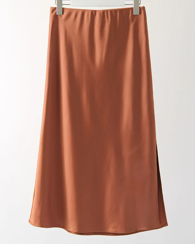 Acetate Satin Side-Slit A-Line Midi Skirt