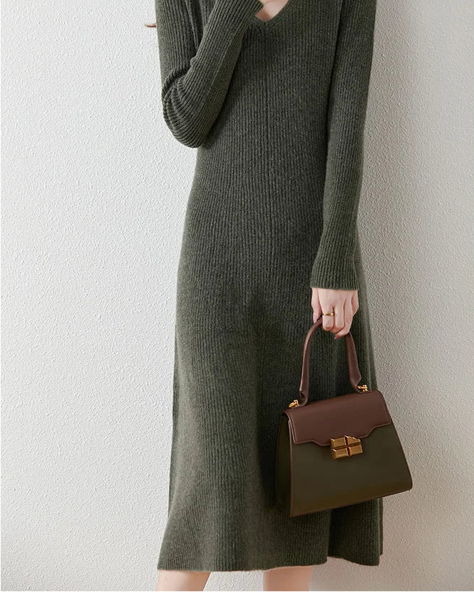 Merino Wool V-Neck A-Line Knit Dress