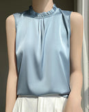 Loose And Casual Satin Vest T-Shirt With Ruffled Collar