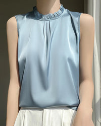 Loose And Casual Satin Vest T-Shirt With Ruffled Collar
