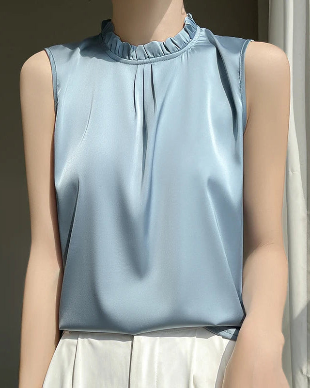 Loose And Casual Satin Vest T-Shirt With Ruffled Collar
