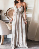 Women’s casual beach style long dress in khaki, V-neck maxi with spaghetti straps and ruched detail, lightweight polyester for summer vacations.