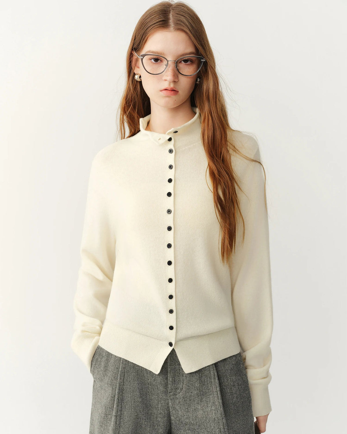 High-Neck Wool Button Cardigan