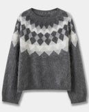 Wool Striped Geometric Jacquard Round Neck Knit Pullover