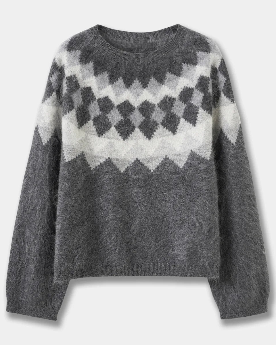 Wool Striped Geometric Jacquard Round Neck Knit Pullover