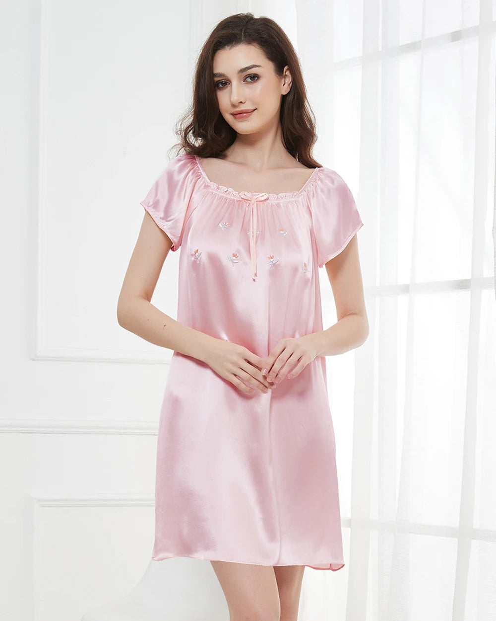 Mulberry Silk Flutter-Sleeve Mini Nightgown