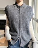 Extrafine merino wool zip vest — a sleeveless mock neck knit waistcoat crafted for warmth, softness, and effortless style.