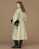 Contrast-Cuff Stand-Collar Long Trench Coat