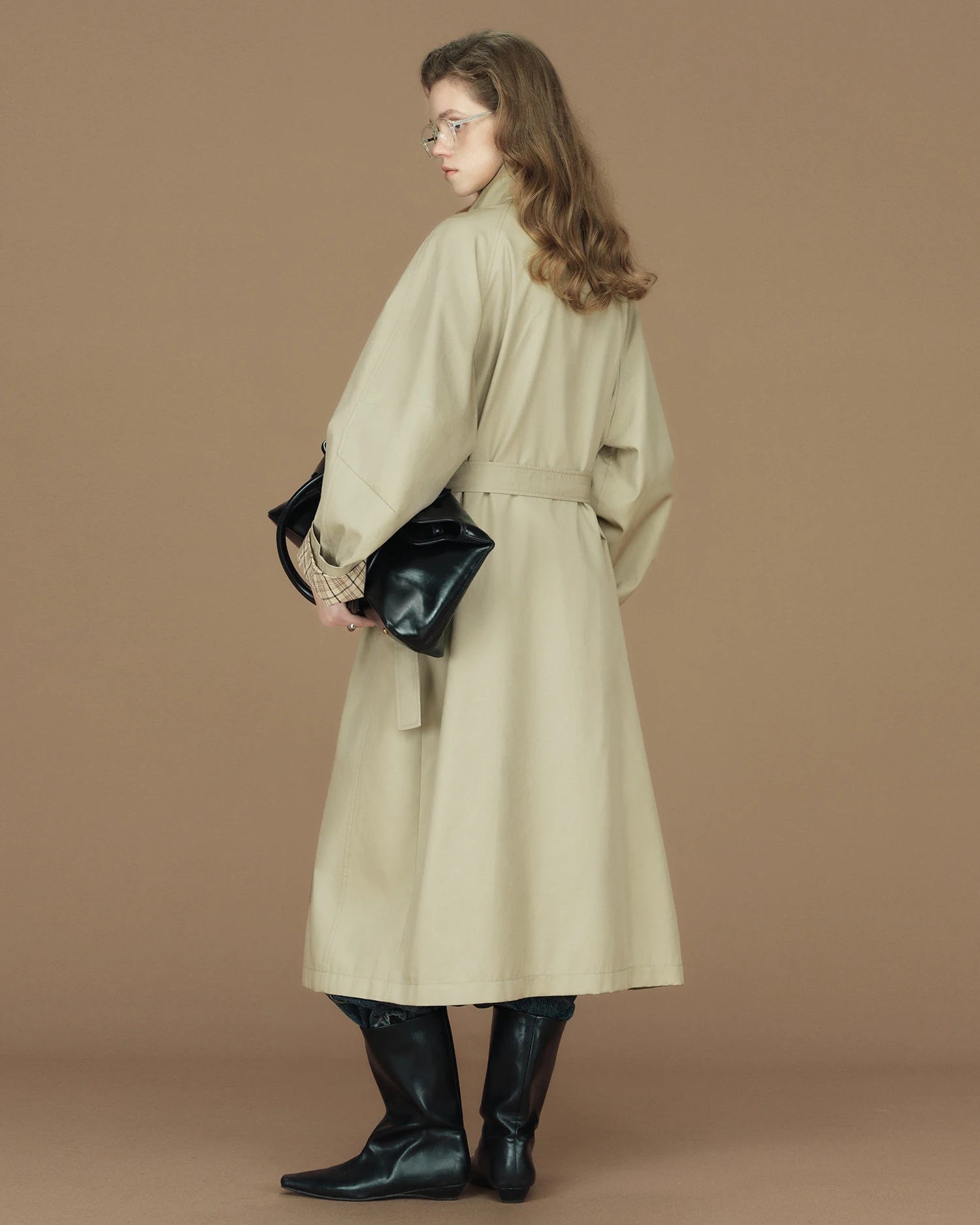 Contrast-Cuff Stand-Collar Long Trench Coat